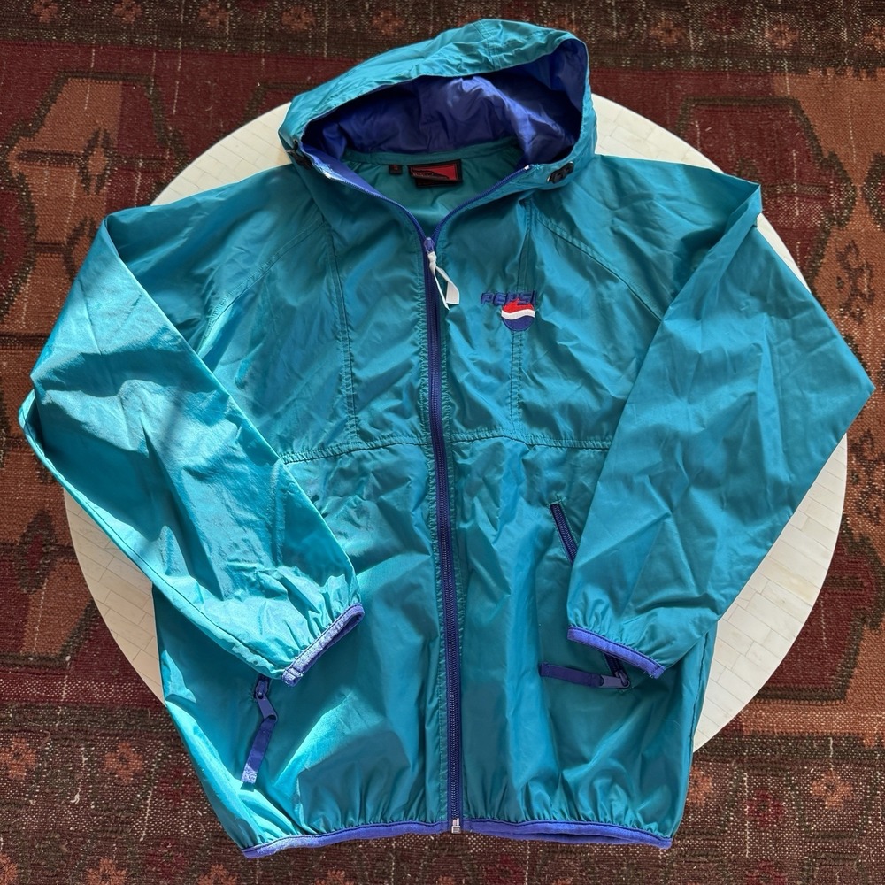 Vintage Pepsi Windbreaker Sz XL 90s Y2K Pepsi Teal Purple Hooded Jacket Logo